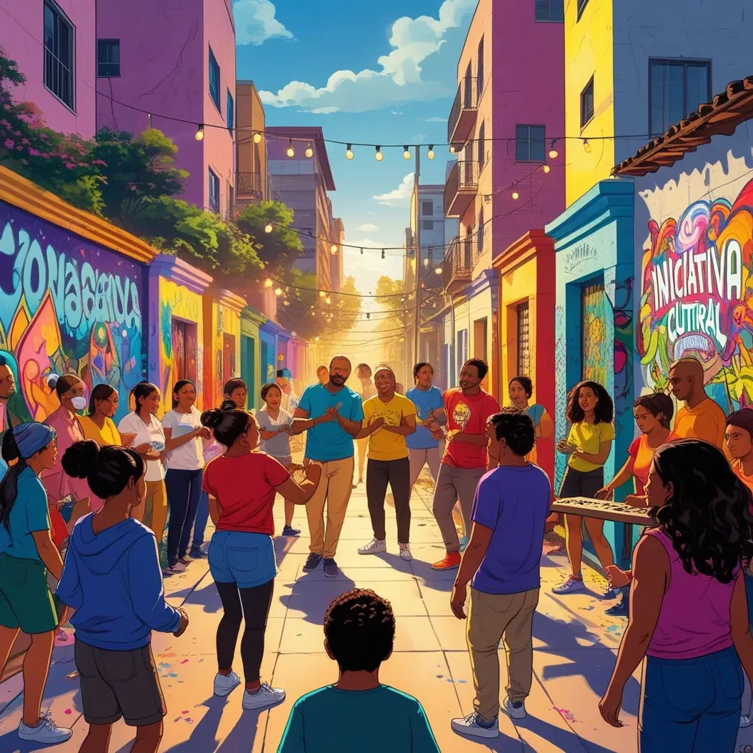 Ilustração de rua colorida cheia de pessoas em festa de bairro